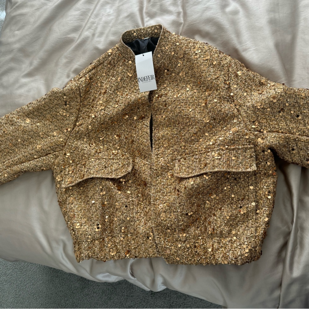 Women Shiny Sequin Jacket | Gold Color Stand Collar Long Sleeve Bomber - M size